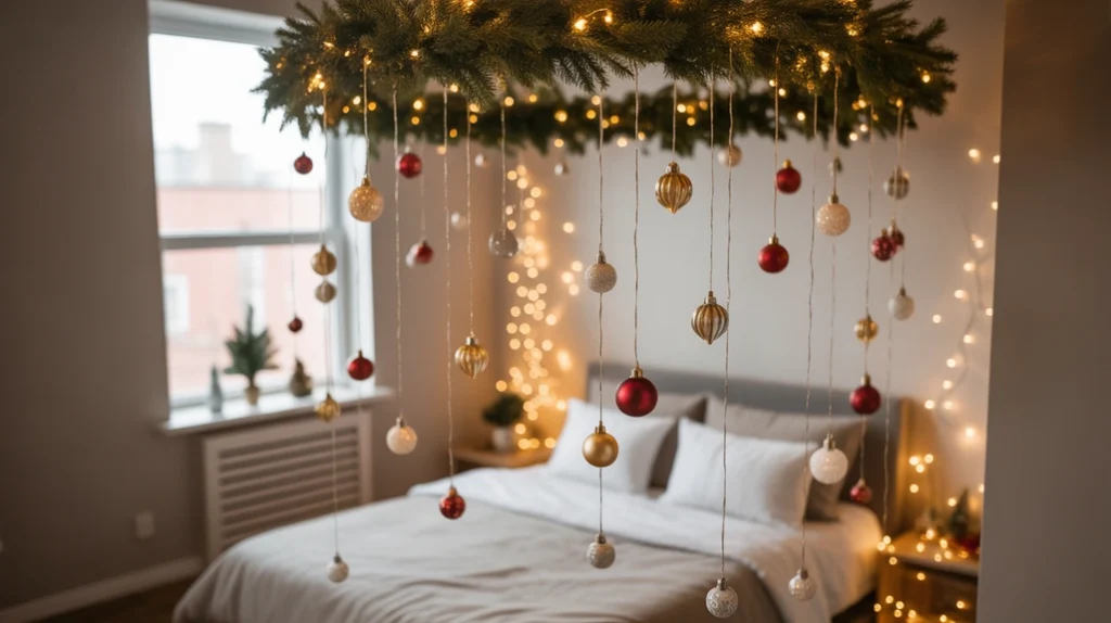 Vertical Christmas decor with wreath and hanging ornaments for compact bedroom styling