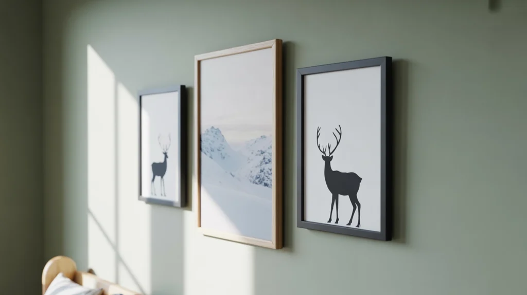 Framed winter prints and Christmas wall art creating a subtle festive vibe in a modern boys bedroom