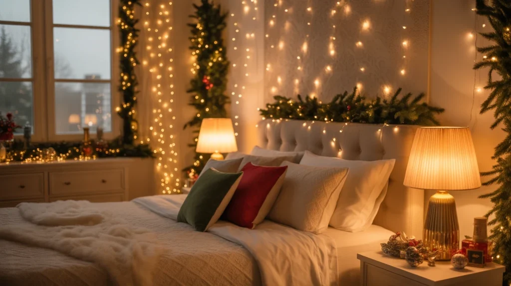warm christmas bedroom lighting with golden fairy lights and soft lamps for winter glow