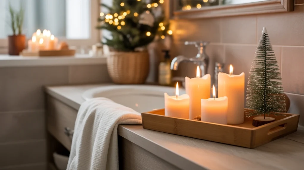 Warm candlelight glowing in a bathroom decorated with natural Christmas elements for a cozy organic winter vibe.