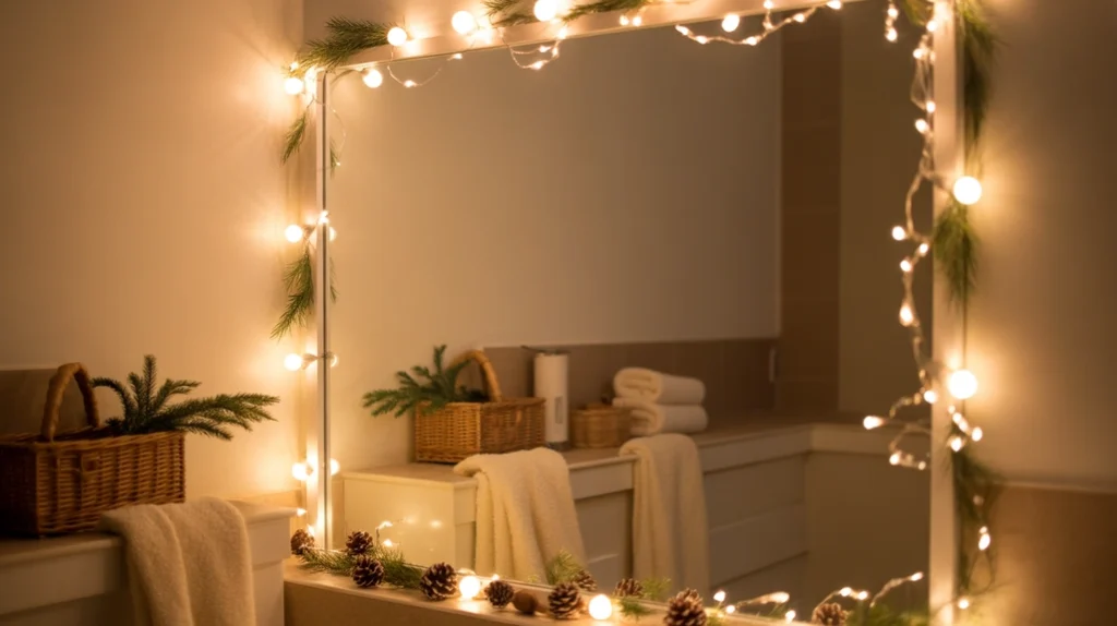 bathroom with warm winter lights creating a cozy neutral holiday atmosphere