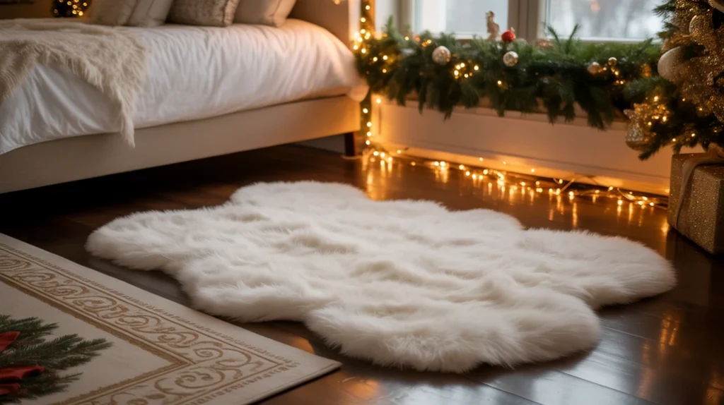 White faux fur rug with gold detailing adding texture and style to a holiday bedroom.