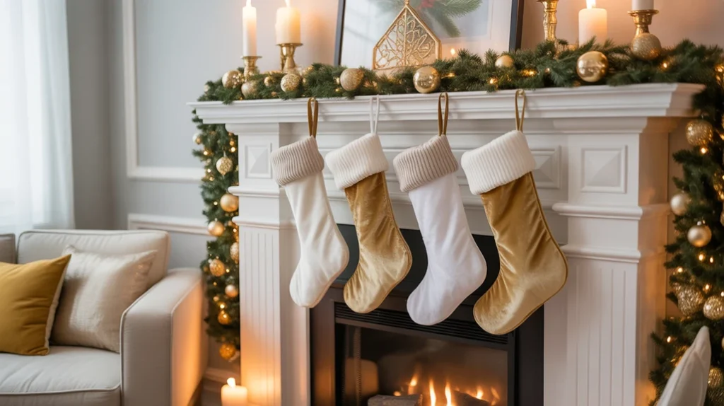 Elegant white and gold Christmas stockings hanging from a decorated fireplace mantel