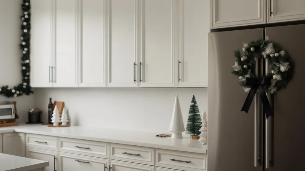 hite kitchen cabinets with matte black hardware featuring subtle Christmas decor details