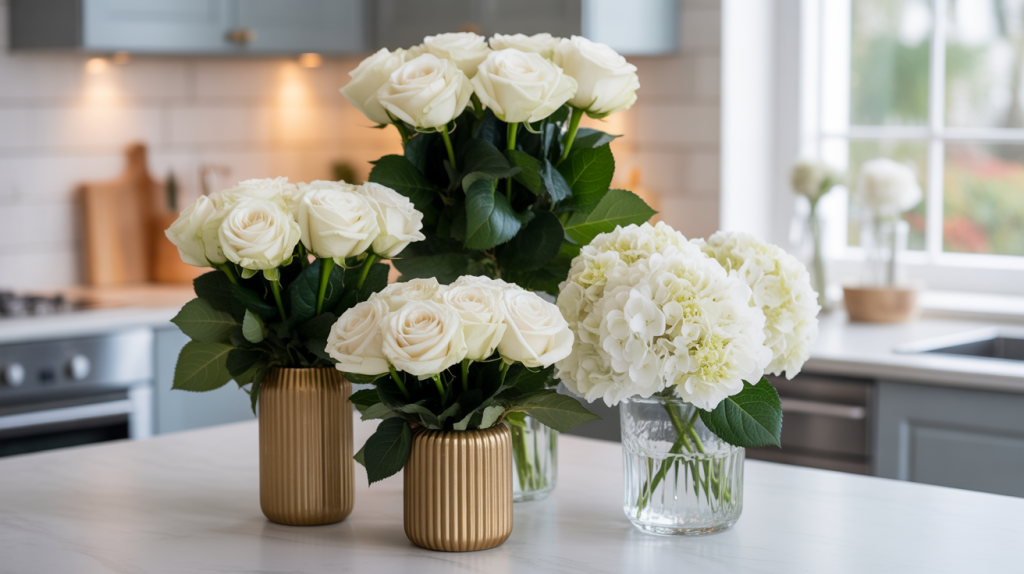 White flowers in gold vases displayed on a kitchen island bringing a fresh and elegant holiday atmosphere.