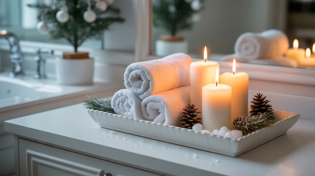 white holiday tray holding candles and small winter decorations