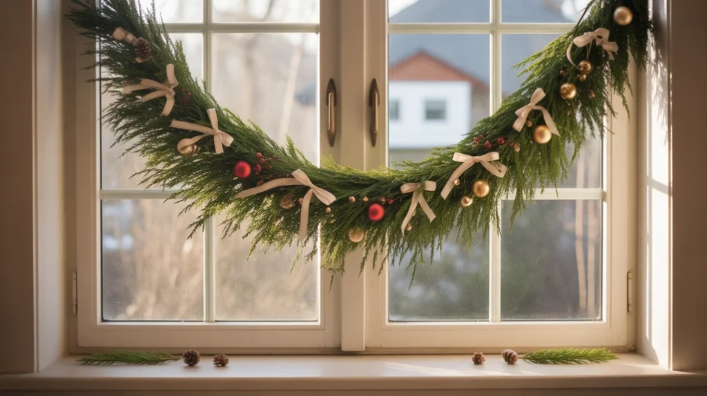 Kitchen window decorated with pine garland and tiny ornaments for a festive look