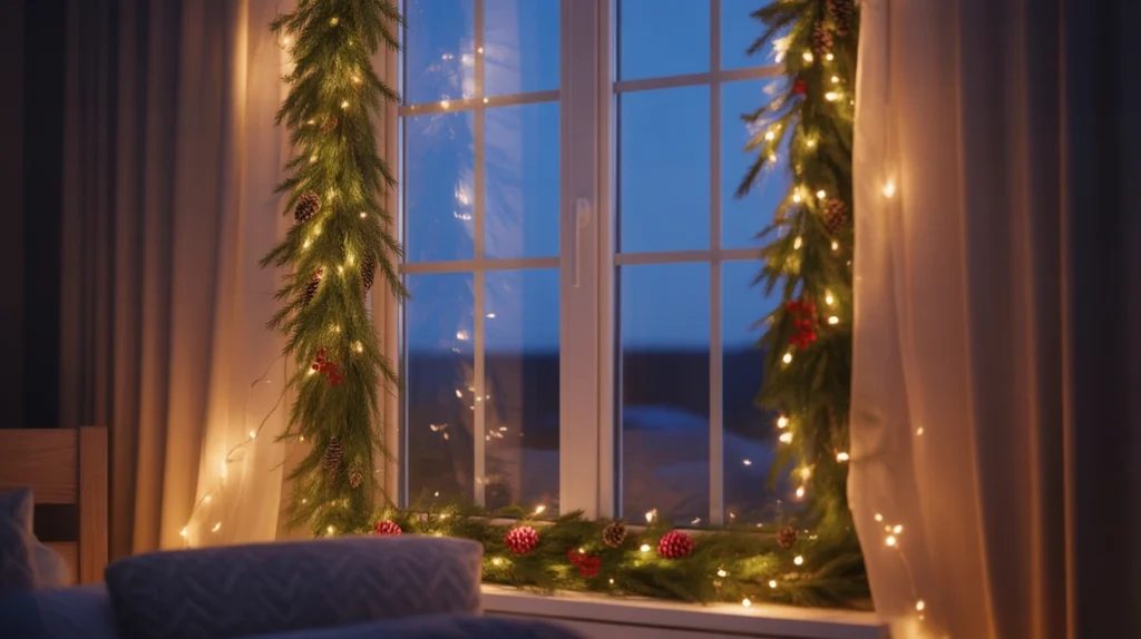 Lighted garland around window frame adding soft illumination to holiday decor