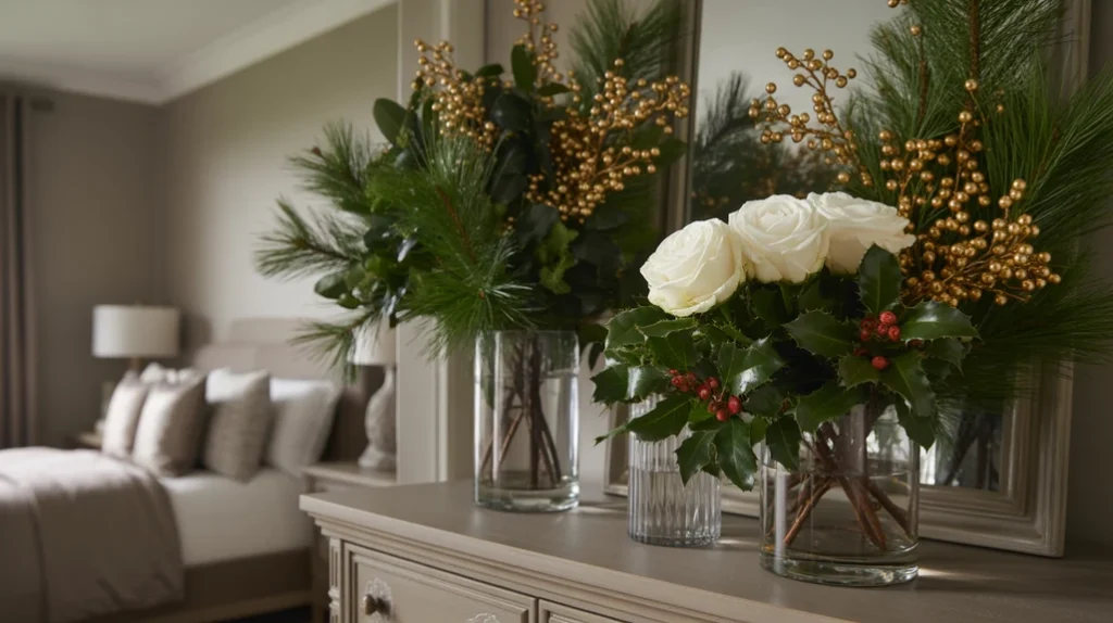 Winter greenery and floral arrangements with pine branches, holly, and white roses in bedroom decor