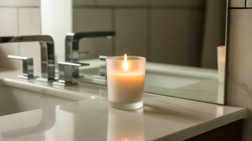single winter-scented candle creating calm holiday ambiance in minimalist bathroom