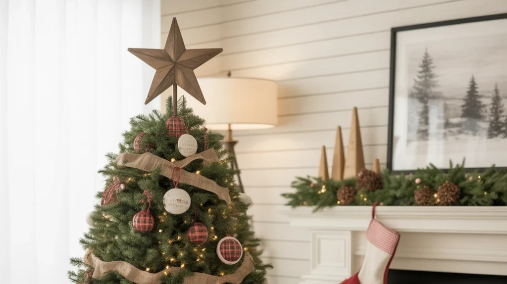Farmhouse Christmas tree topped with a large wooden star and decorated with plaid ornaments.