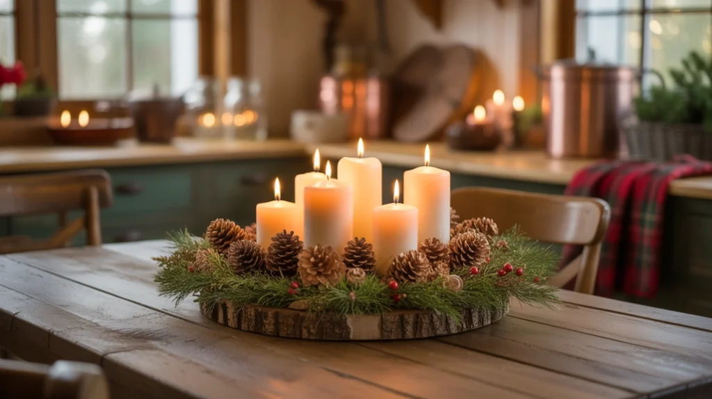 wooden table centerpiece with pinecones, greenery, and candles for rustic christmas charm