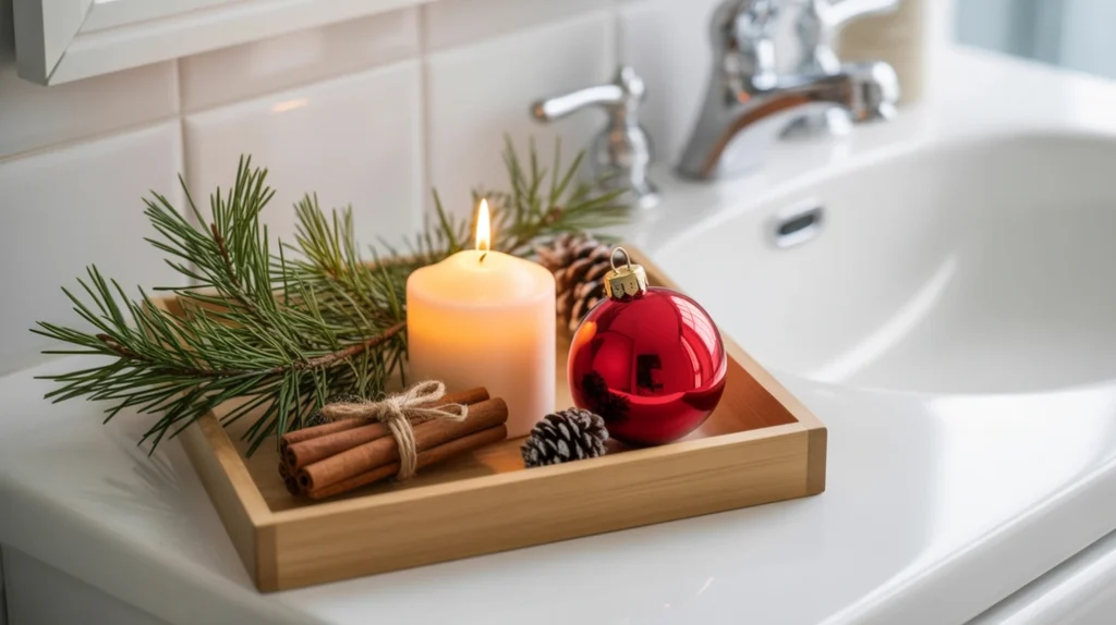 wooden tray styled with pine sprigs, candles, and ornaments for classic christmas bathroom decor