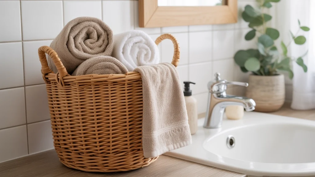 Woven basket with rolled neutral towels adding texture to a cozy Hygge Christmas bathroom.