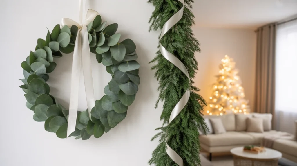 serene holiday living room with layered throws and soft grey accents