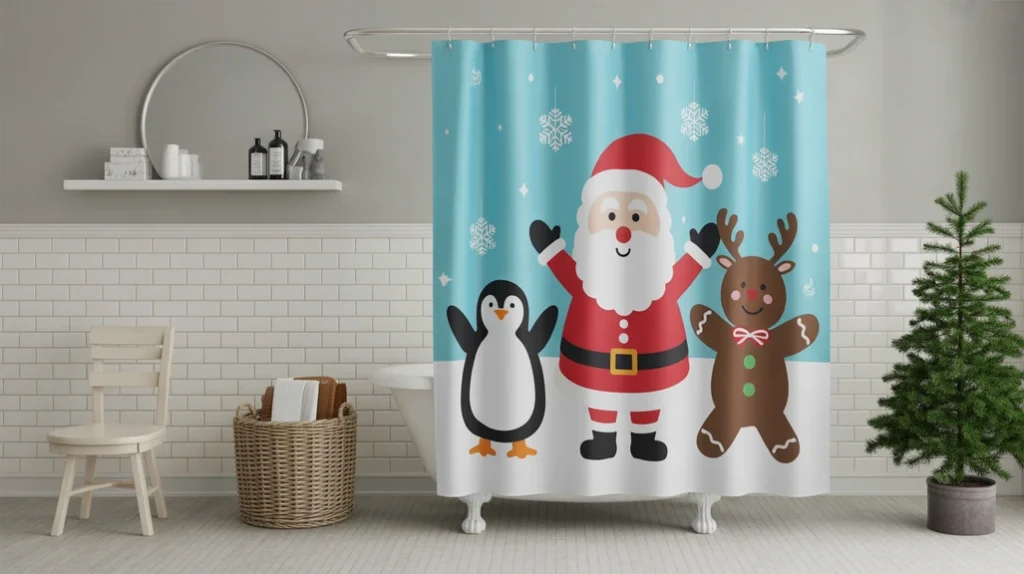 Cute Christmas character shower curtain featuring Santa or reindeer in a kid-friendly bathroom.