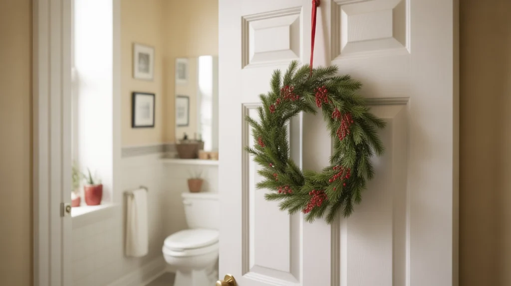 Small Christmas wreath hanging on a bathroom door for a festive holiday touch.