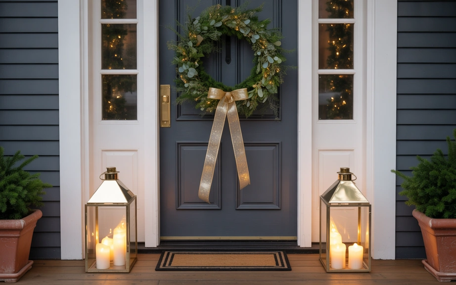Gold Ribbon Wreath with Glass Lanterns