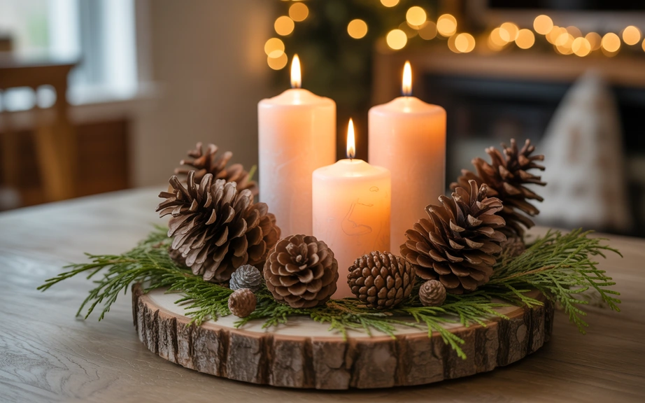 Natural Wood and Pinecone Christmas Centerpiece