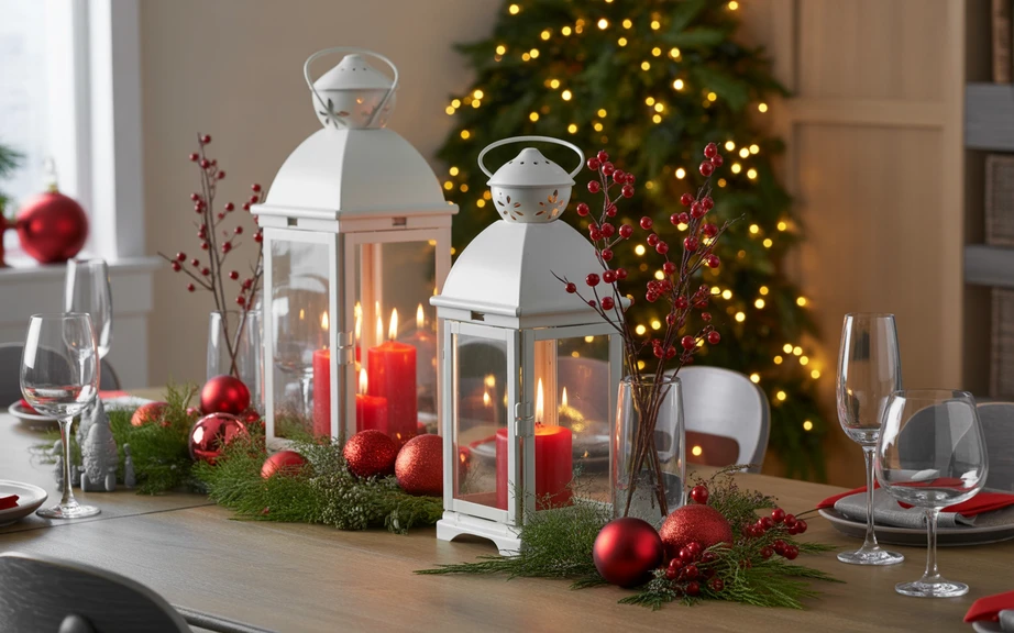 Red and White Lantern Christmas Table Decor