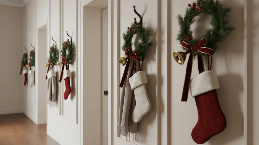 Hallway wall hooks decorated with stockings, bells, and simple holiday touches