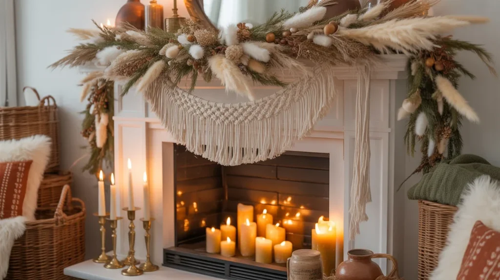 Boho chic Christmas mantel decorated with macramé, pampas grass, gold candles, and relaxed festive vibe