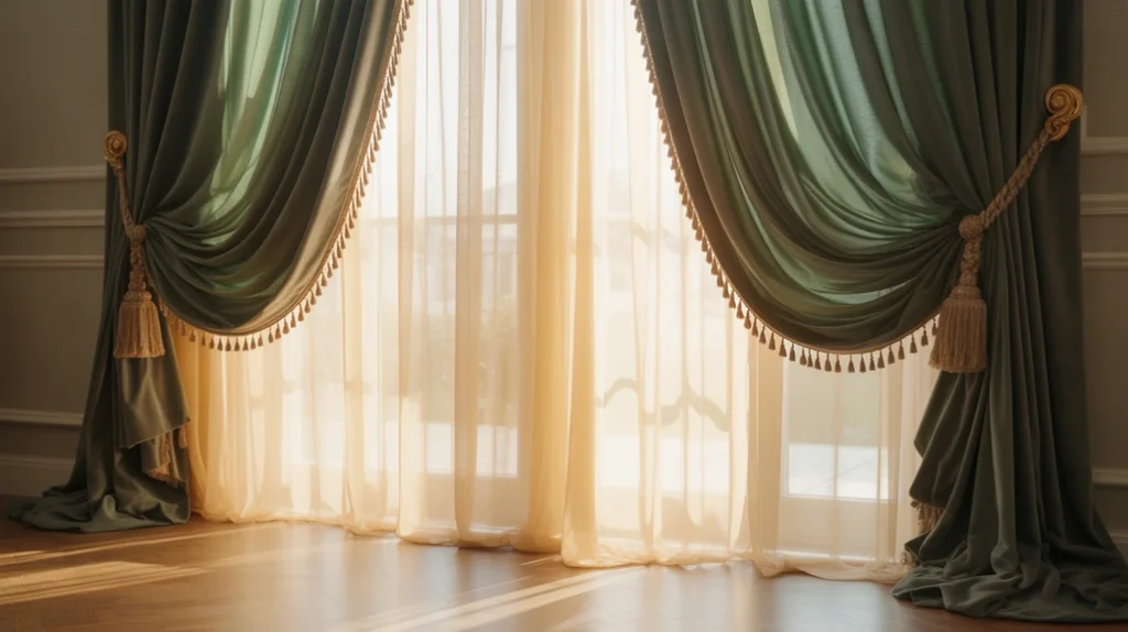 “Elegant drapery and curtains framing a sophisticated glam interior.”