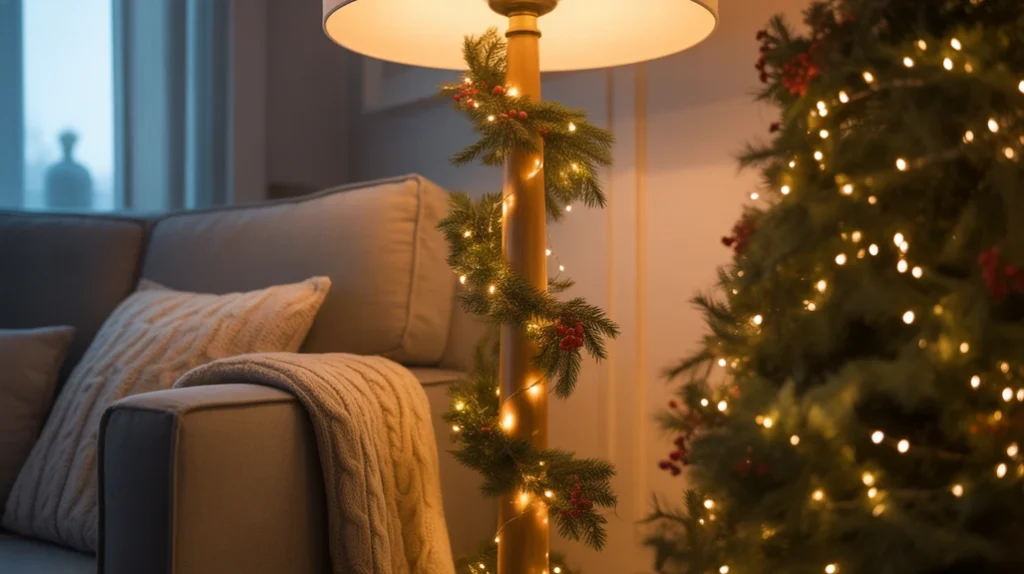Floor lamp with garland and ornaments adding cozy corner light in holiday living room