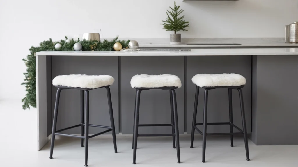Black bar stools with white cushions and simple holiday ribbons in modern minimalist kitchen
