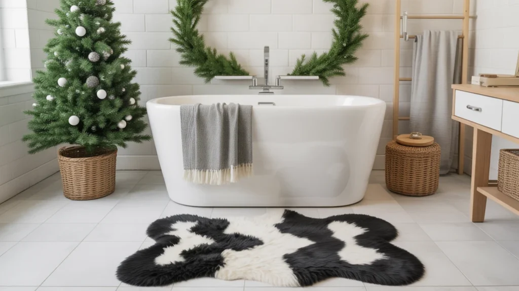 black and white accent rug in a modern bathroom with subtle christmas decor