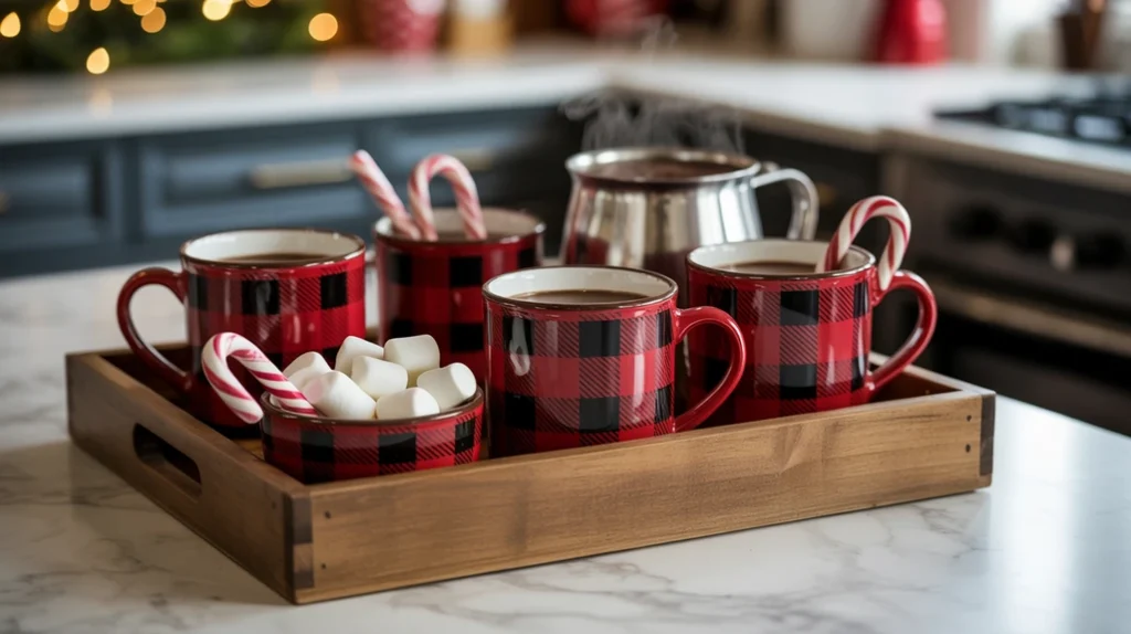 Buffalo plaid hot cocoa station styled with festive mugs, marshmallows, and holiday details