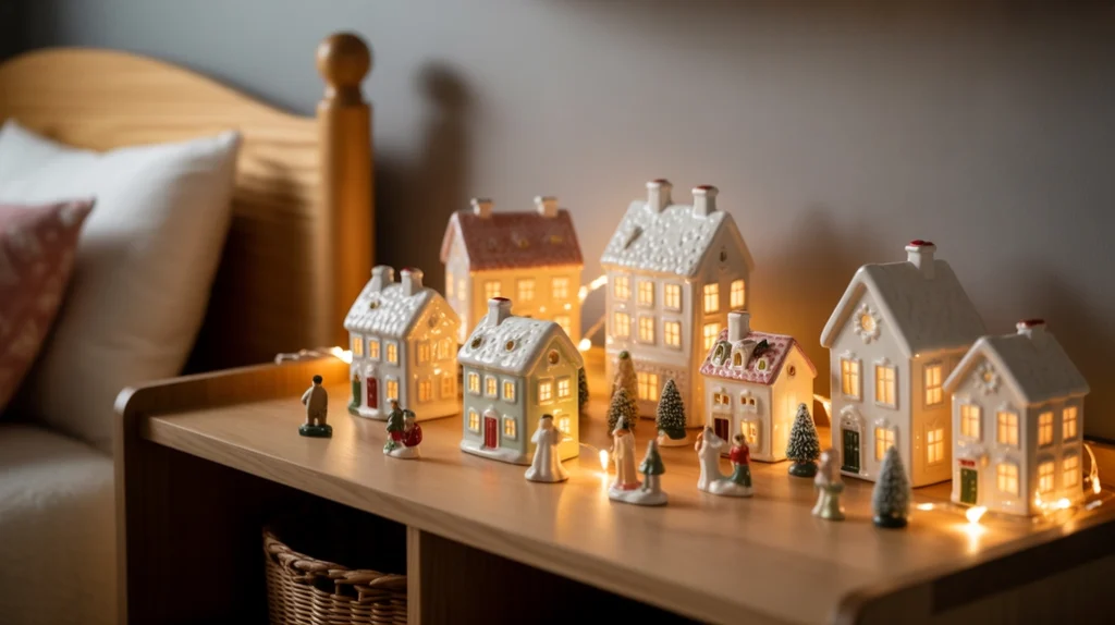 Ceramic Christmas houses and figurines creating cozy tabletop decor
