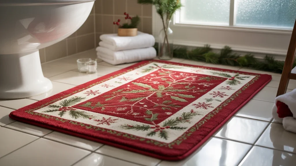classic christmas bath mat with holly or snowflake pattern adding festive bathroom detail