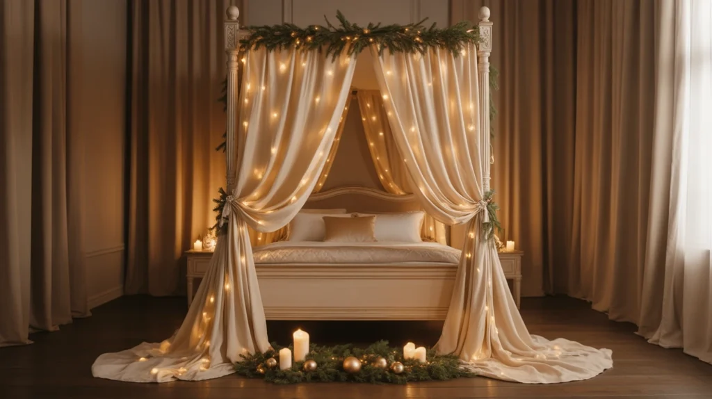 Canopy bed with champagne drapes and string lights styled for an elegant Christmas bedroom theme