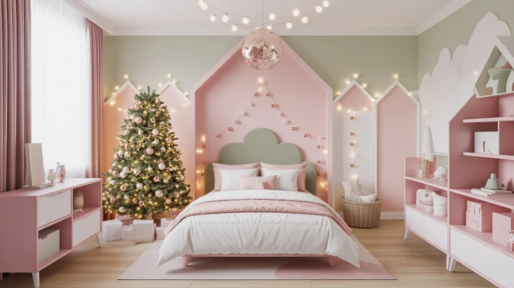 pastel and gold Christmas color scheme in a dreamy children’s bedroom