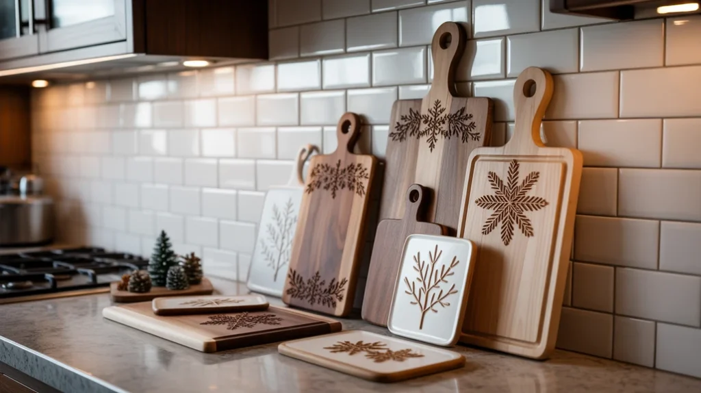 Wooden cutting boards and holiday trivets styled as simple Christmas decor in a small kitchen