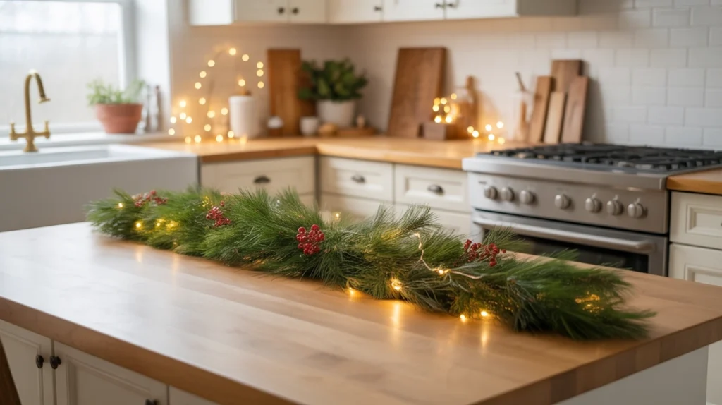 Pine garland with red berries and fairy lights running across kitchen island centerpiece for classic festive charm