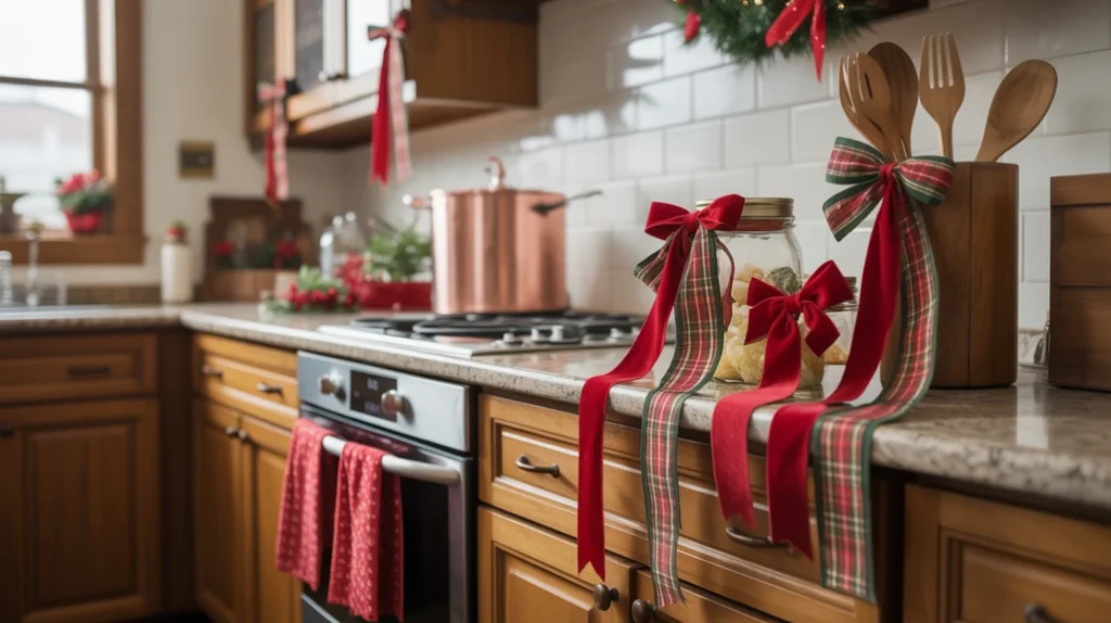 Christmas ribbons tied on kitchen jars and cabinet handles for a simple festive touch