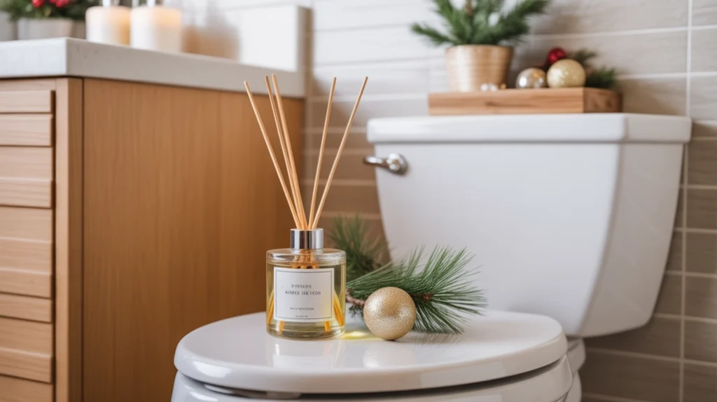 reed diffuser with christmas fragrance placed on toilet tank for fresh holiday bathroom scent