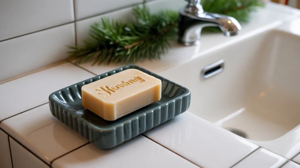 decorative holiday soap dish with seasonal soap bar beside bathroom sink