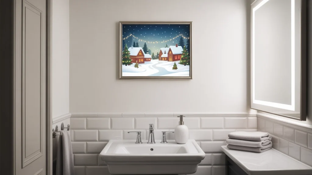 small framed christmas wall art adding warmth to a modern bathroom