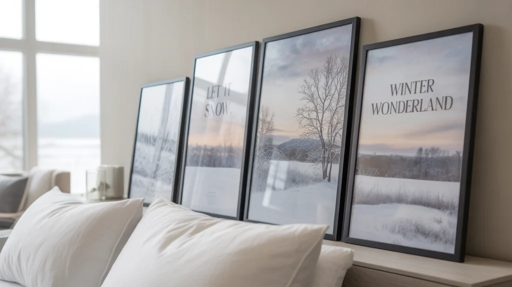 minimalist christmas wall art with winter prints adding festive touch to bedroom decor