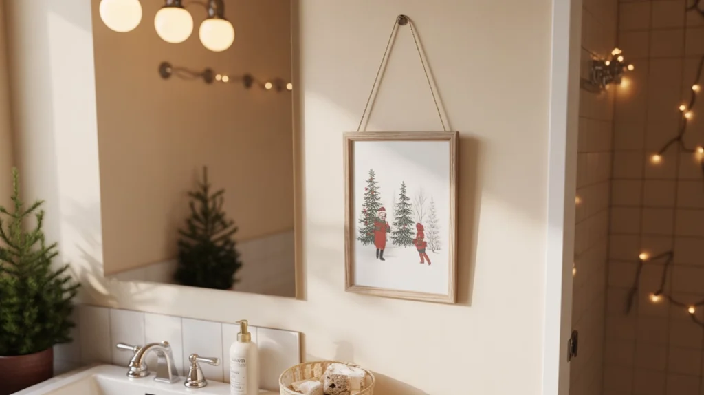 small framed christmas wall art bringing soft holiday charm to a modern bathroom