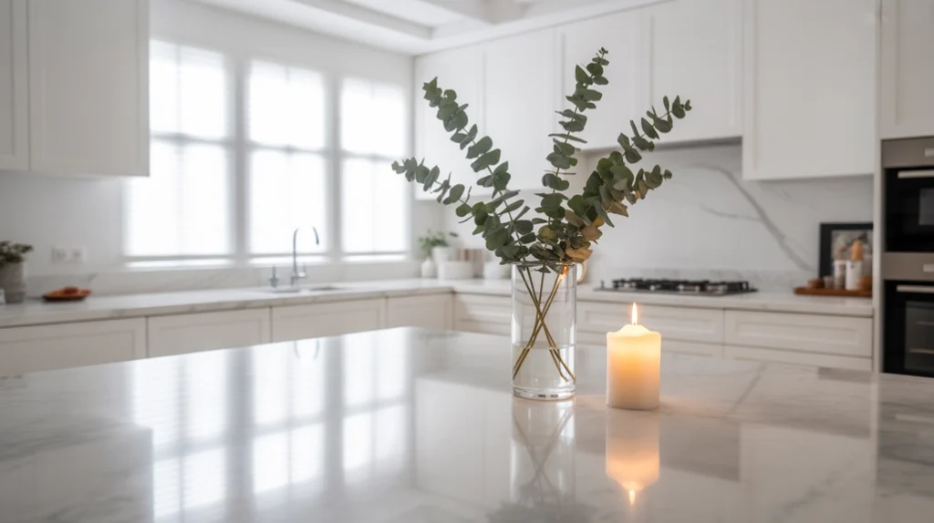 Minimalist Christmas kitchen with clean countertops, single vase of greenery, and simple festive touches