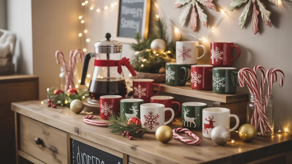 DIY Christmas coffee station with holiday mugs, candy canes, and budget-friendly festive accents