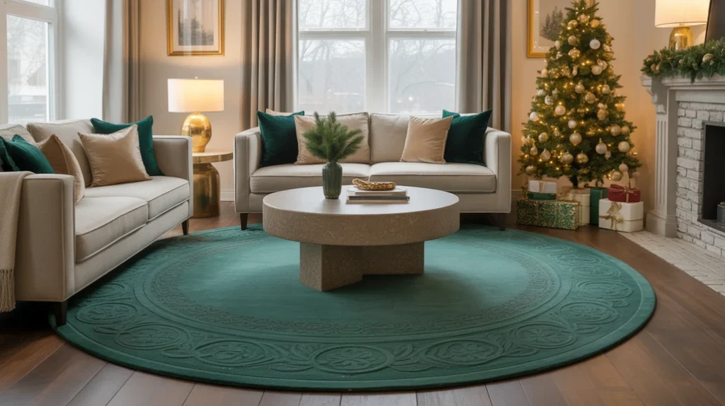 Emerald green area rug complementing gold holiday accents for an elegant and warm Christmas living room.