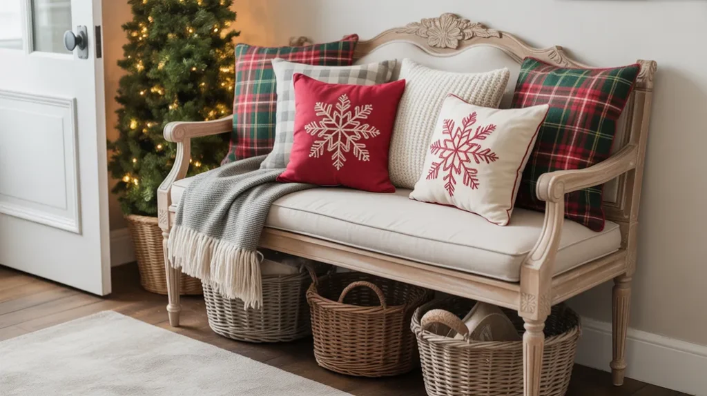“Entry bench styled with Christmas pillows and cozy winter textiles”