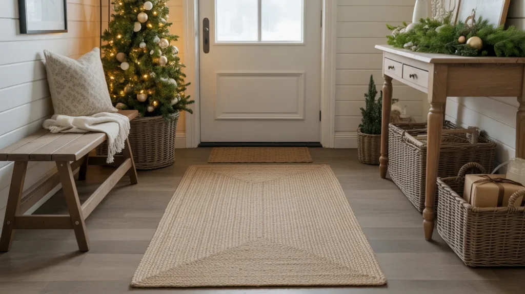 “Neutral entryway runner rug styled for a warm rustic farmhouse Christmas look”