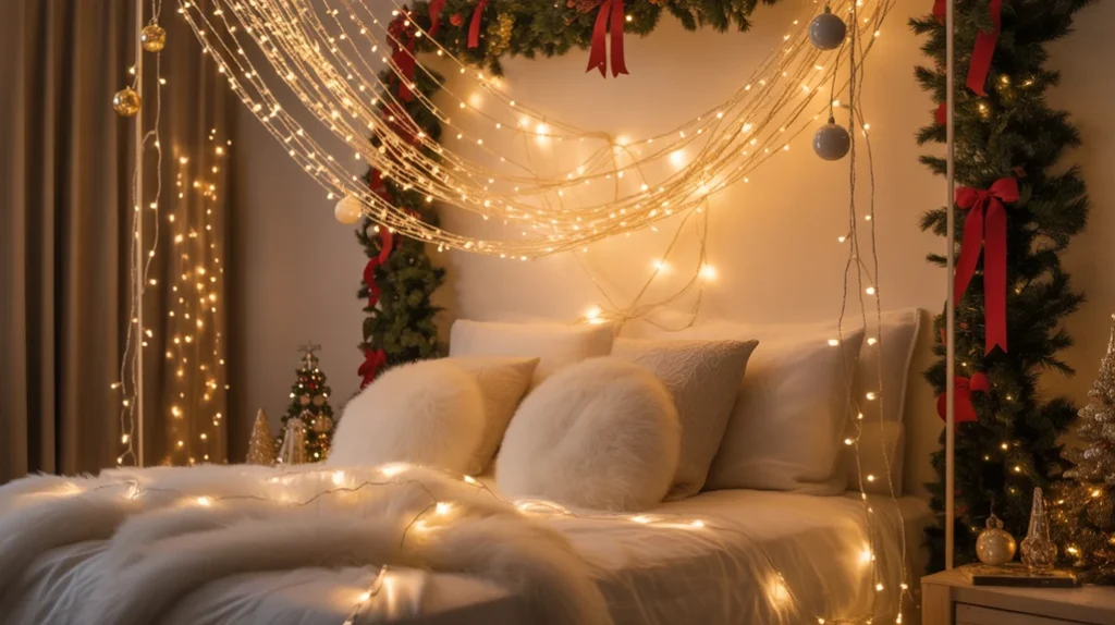 Fairy light canopy over bed for magical festive atmosphere in cozy Christmas bedroom