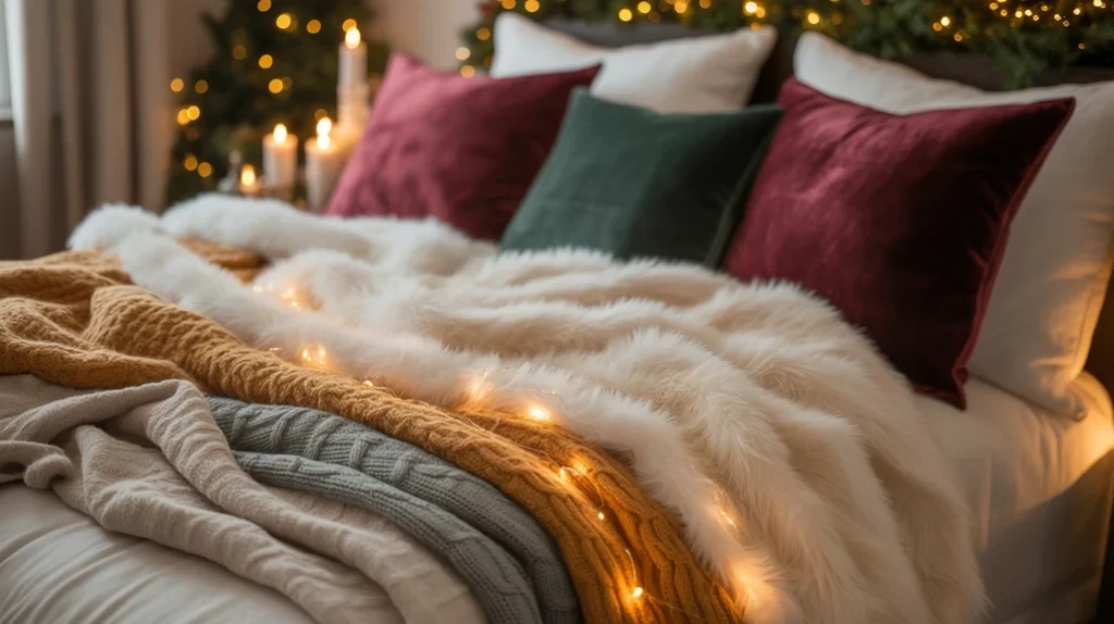 Faux fur and velvet textures for luxurious and romantic Christmas bedroom style